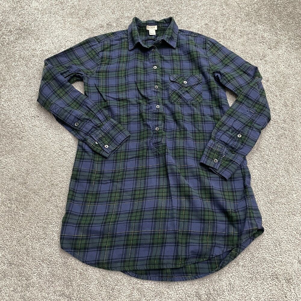 J.Crew Flannel Popover Tunic Shirt Womens XXS Blue Green Plaid Cotton Casual Top